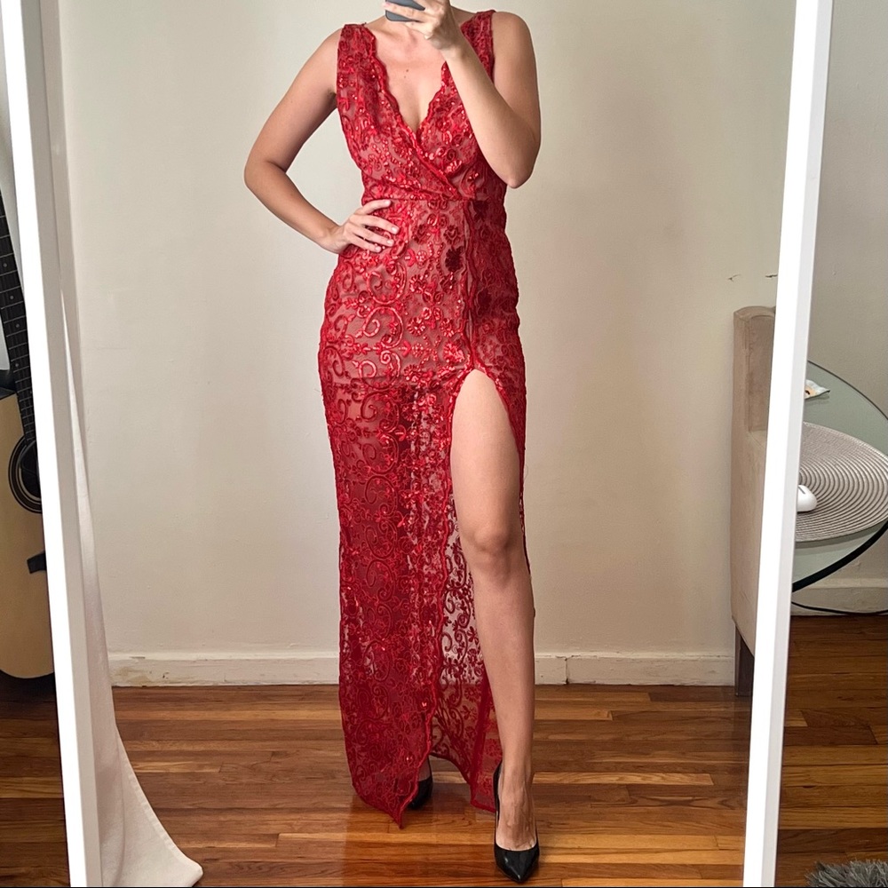 Bronx & Banco maxi lace sequins open back red dress size 8 C4